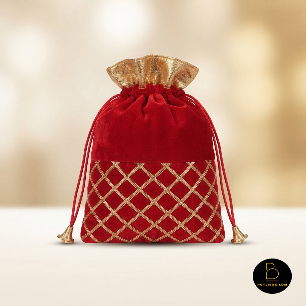 Gota Check Velvet Potli Bag