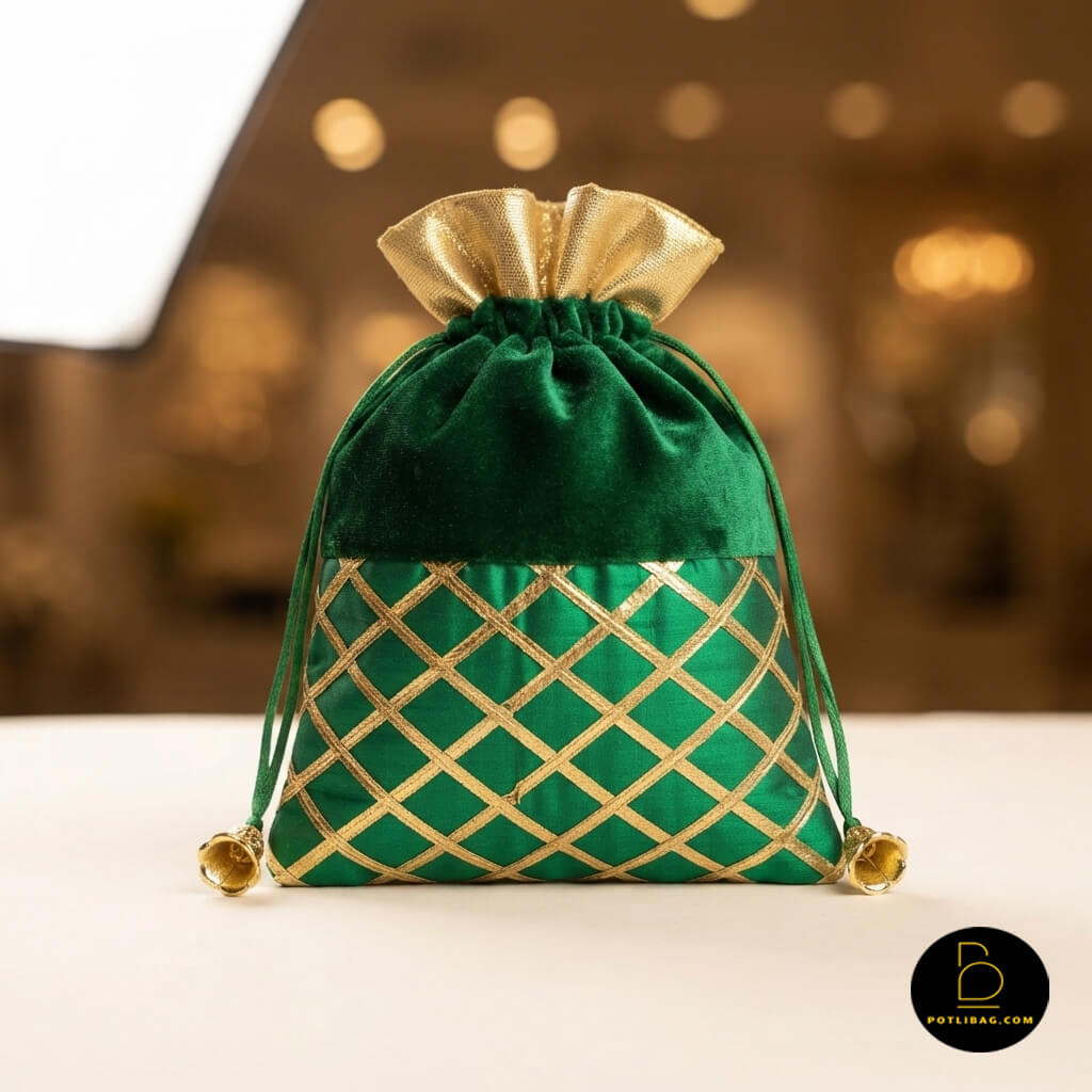 Gota Check Velvet Potli Bag