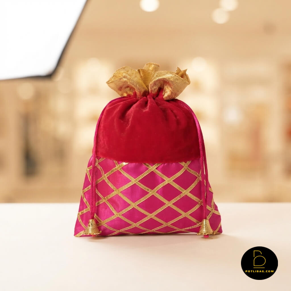 Gota Check Velvet Potli Bag