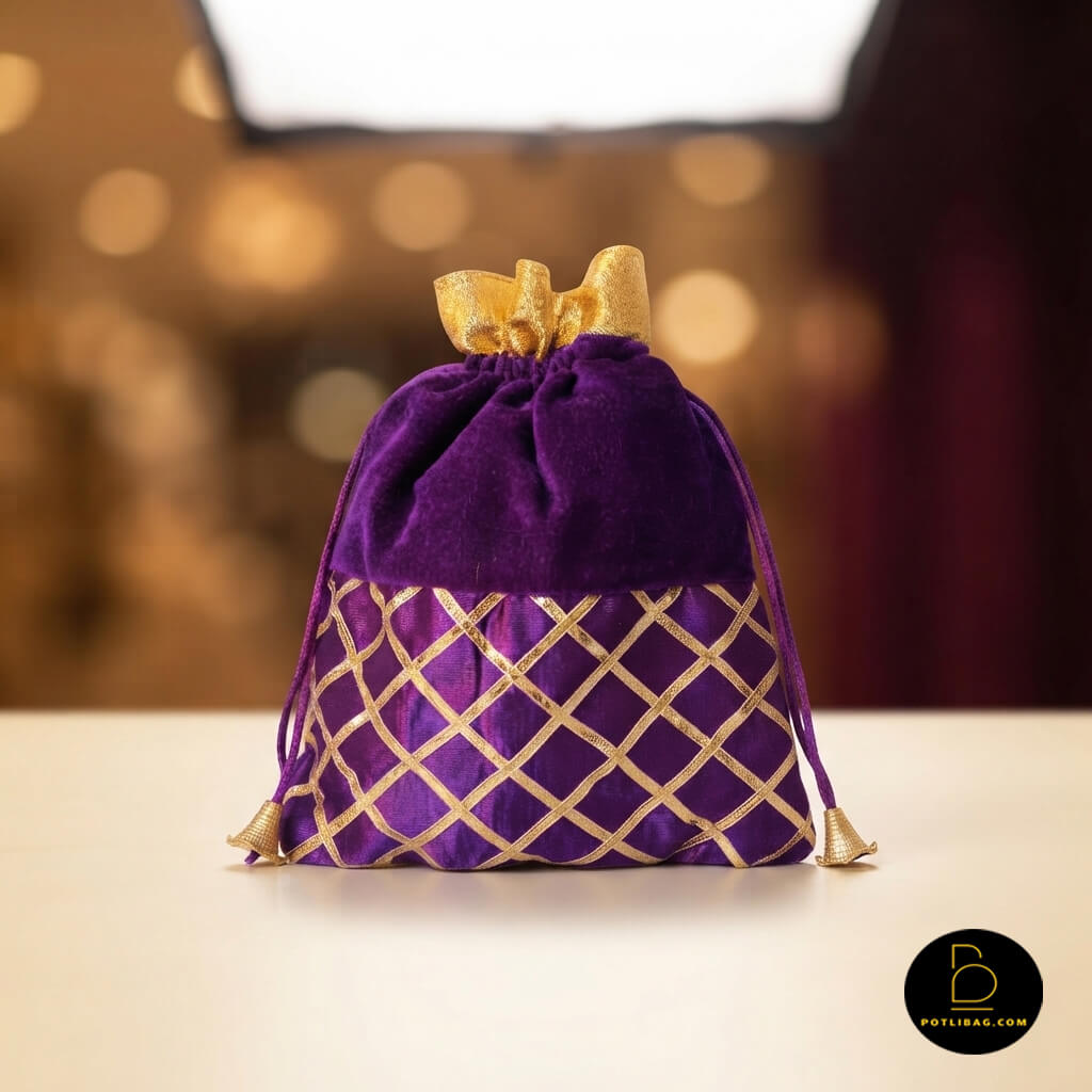 Gota Check Velvet Potli Bag